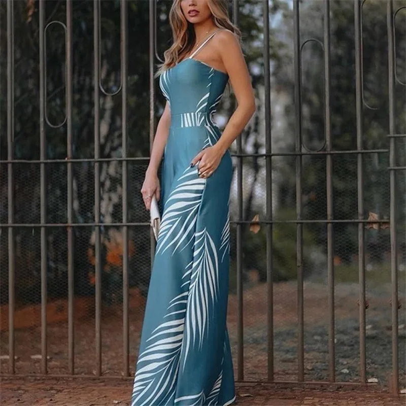 

Summer Jumpsuit Sexy Spaghetti Strap Sleeveless Loose Beach Long Jumpsuits Casual Elegant Print Pockets Womens Jumpsuit Overalls