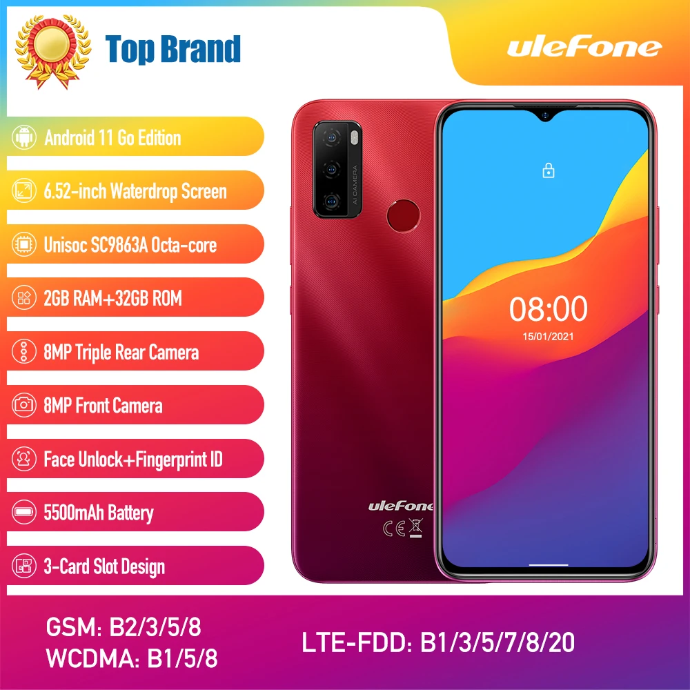 

Ulefone Note 10 2GB+32GB Smartphone Octa-core Processor 6.52" Android 11 3-Card Slot Fingerprint ID /Face Unlock 4G Cellphone