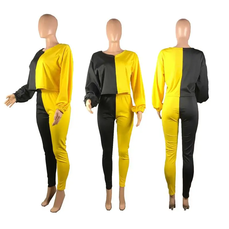 

ZKYZWX Splice 2 Piece Set Women Tracksuit Fall Clothes Long Sleeve Crop Top Pant Sweat Suit Lounge Wear Outfits Matching Sets