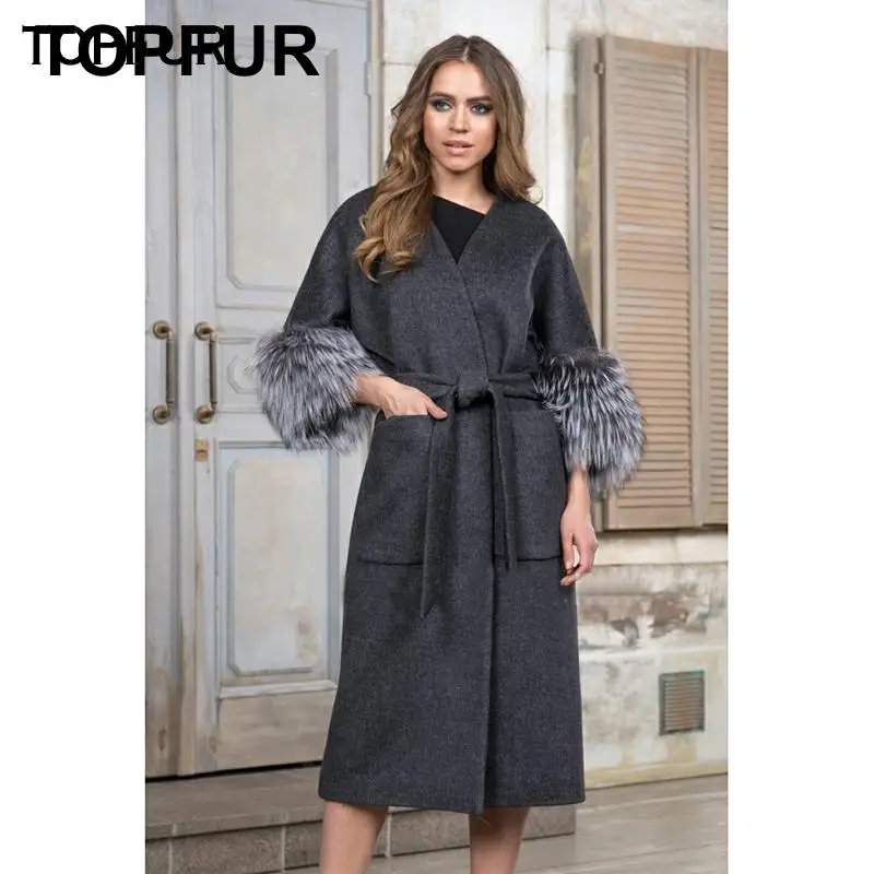 TOPFUR 110 CM Length Woolen Real Fur Coat Women Luxury Warm Coat With Silver Fox Fur Cuff Top Quality Fashion New Style Fur Coat