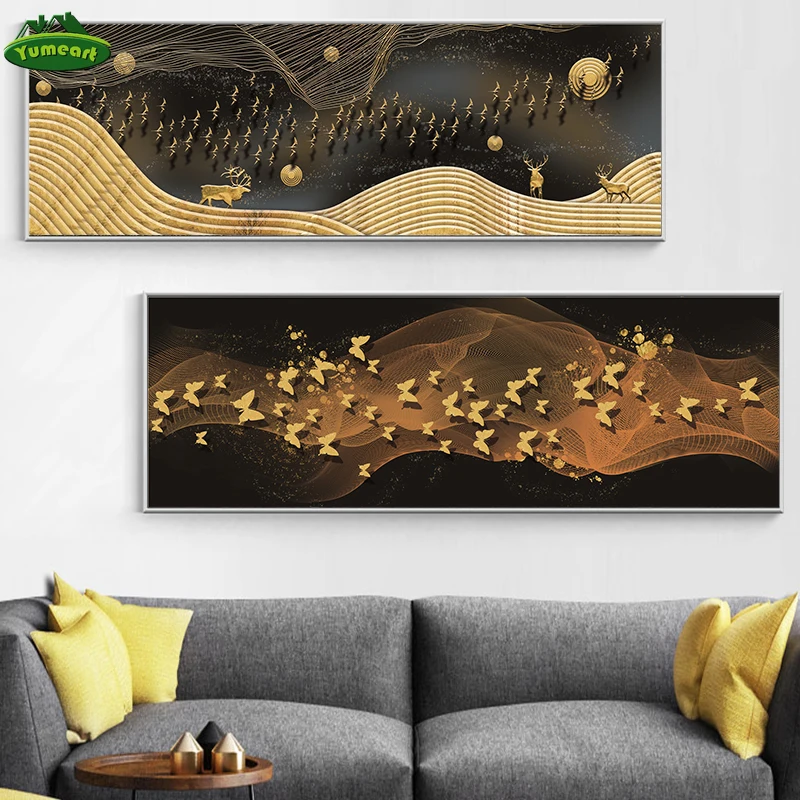 Современный рассвет черные золотые горы олень живописный пейзажный на холсте