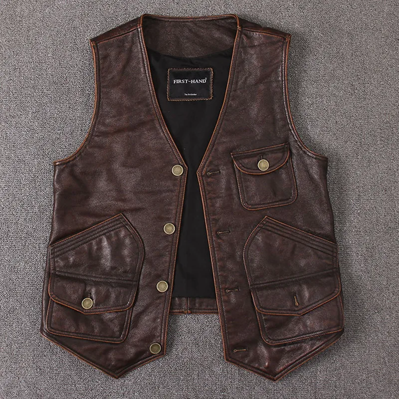 2020 Vintage Brown Men American Casual Style Leather Vest Plus Size XXXL Genuine Cowhide Spring Short Natural FREE SHIPPING | Мужская
