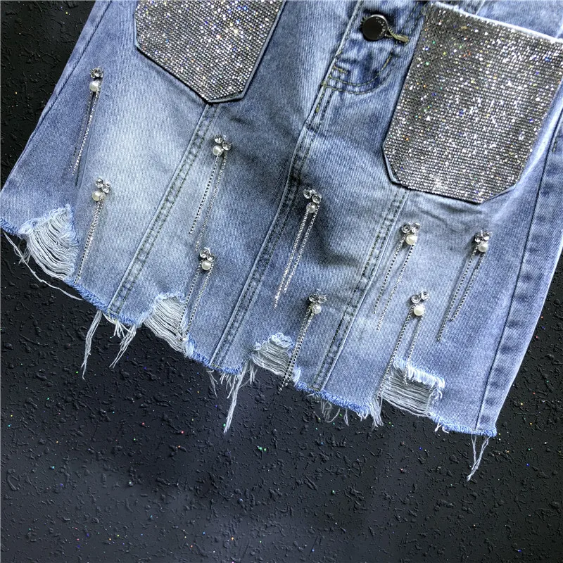 2019 Летняя мода женские Стразы с карманами на пуговицах завышенной талией