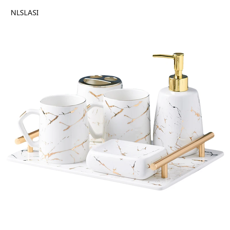 

Marble Texture Ceramic Bathroom Accessory Set Washing Mouthwash Cup Soap Dish Toothbrush Holder Lotion Bottle Five Piece Set