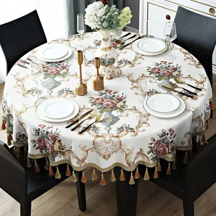 Beige Новая роскошная жаккардовая круглая скатерть с кисточками, свадебные украшения, кухонные вечерние скатерть для кофейной комнаты, обеденный стол - Цвет: Beige
