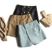 2021 lady genuine leather skorts women chic korean style culottes skirt femme buttons hip sexy streetwear shorts with pocket