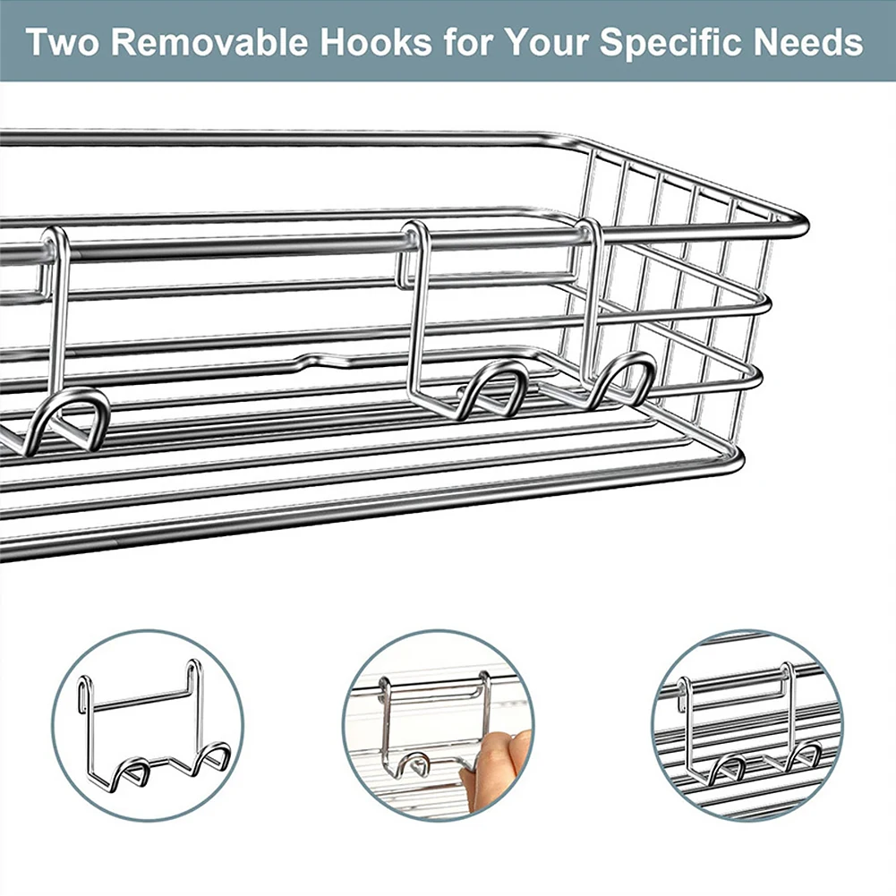 

Home Adhesive No Drilling Stainless Steel Drainage Design Wall Mounted Bathroom Shelf Shower Caddy With Hooks Storage Organizer