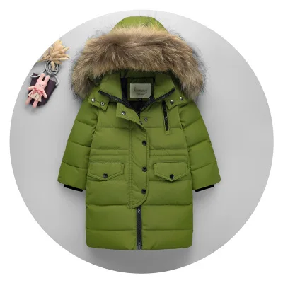 Raccoon Fur Green Зимняя куртка Модные Детские Пуховые Пальто с капюшоном воротник из натурального меха, толстая Длинная зимняя куртка s для мальчиков и девочек, Детское пальто - Цвет: Raccoon Fur Green