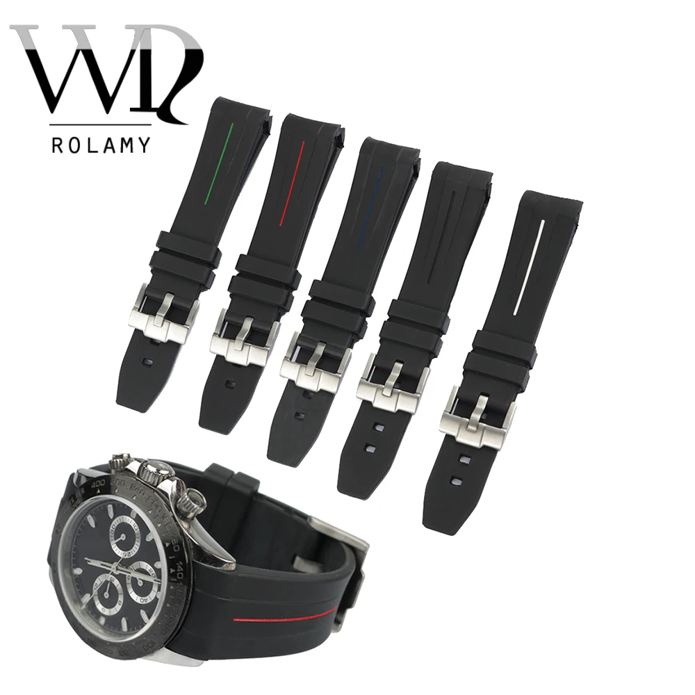 

Rolamy 20mm High Quality Rubber Watch Band Strap With Silver Steel 18mm Buckle For Rolex Daytona GMT Vintage Submariner