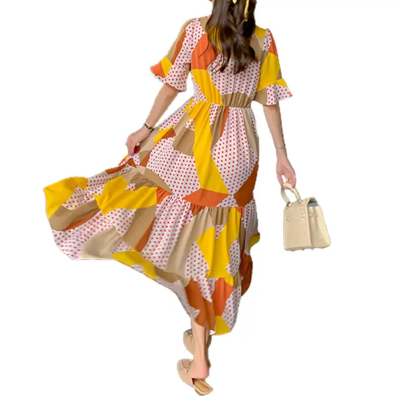 

Women's Waist Ruffled Chiffon Dress Female Yellow Polka Dot Print Long Skirts