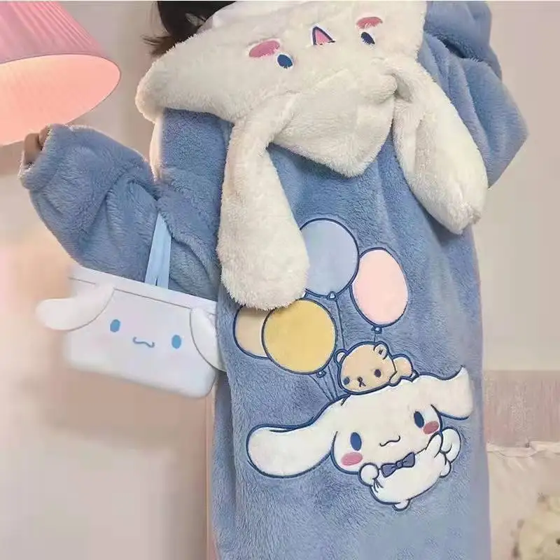 Kawaii Winter Thick Plush Pajamas for Women Flannel Long Sleeve Cute Cartoon Nightdress Embroidery Long-eared Dog Nightgown Robe
