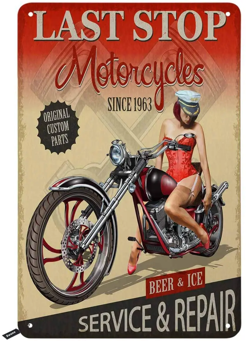 

Swono Motorcycle Tin Signs,Last Stop Girl Sit on The Motor Vintage Metal Tin Sign for Men Women,Wall Decor for Bars,Restaurants
