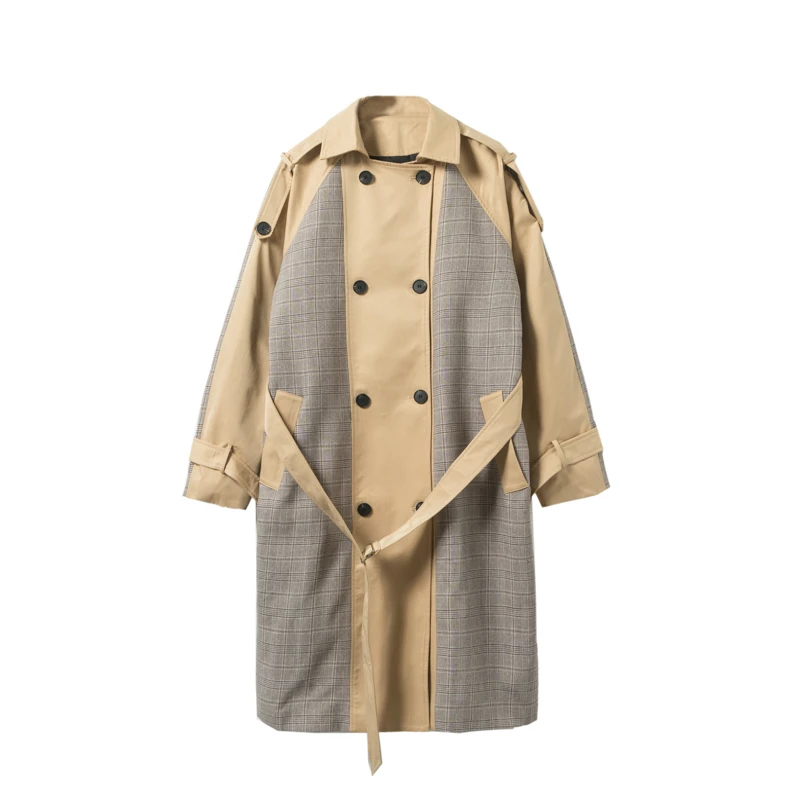 

New Male Vintage Streetwear Jacket Overcoat Men Plaid Splice Business Casual Double Breasted Belt Loose Trench Coat Outerwear