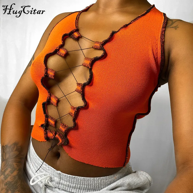 Женский топ без рукавов Hugcitar на бретелях с вырезами летняя уличная одежда