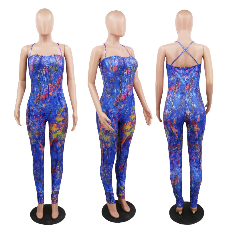 

Tie Dye Print Jeans Jumpsuit Wrap Chest Sleeveless Holes Denim Pants Romper Tight Overalls Streetwear