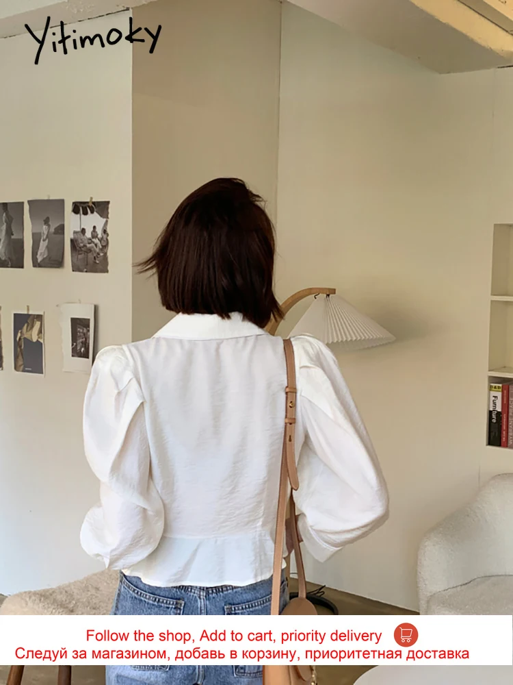 

Yitimoky Vintage Shirts Women Button Up Korean Fashion Ruffles Long Puff Sleeve Ladies Tops Peter Pan Collar Casual New