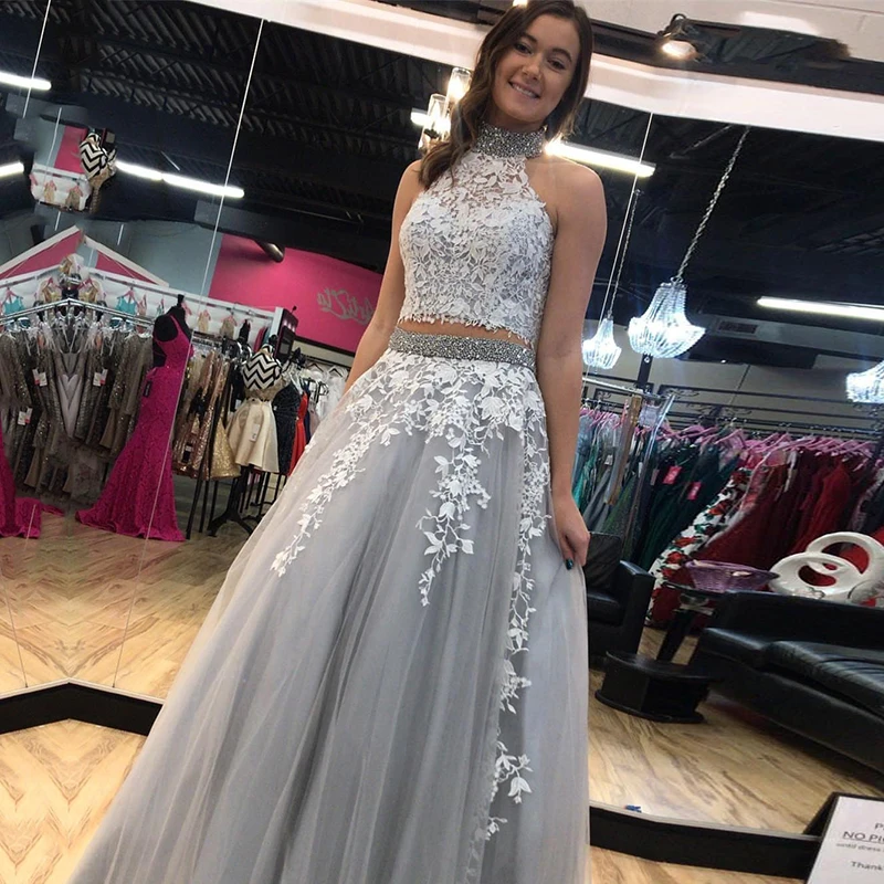 

2021 Two Piece Prom Dresses High Neck Appliques Lace Beaded Pearls A-Line Silver Evening Gown Party Wear for Graduation