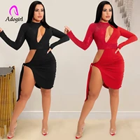 solid color womens round neck long sleeved hollow out irregular lace up midi dress autumn ladies clubwear streetwear vestidos