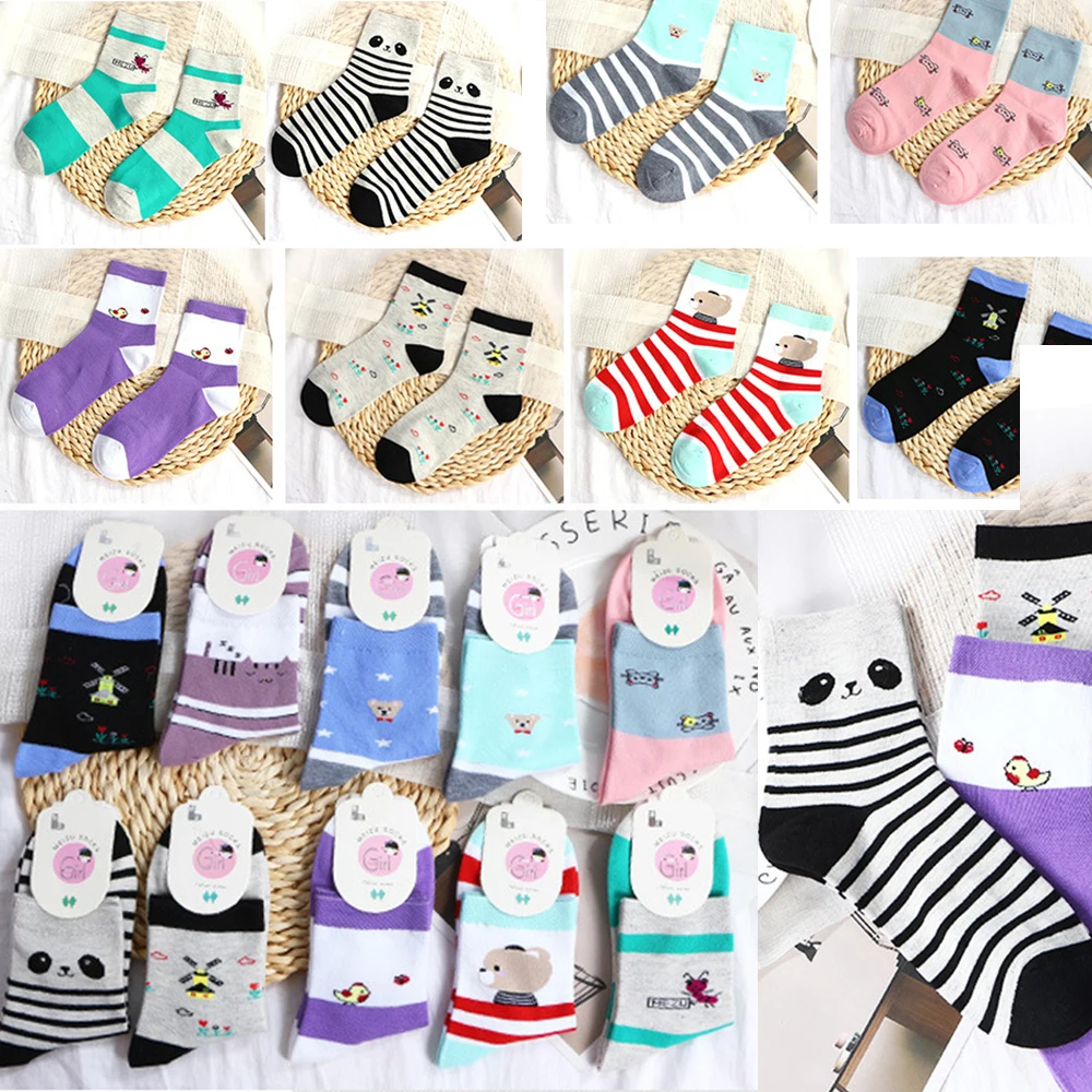

1pair Wholesale All Season Autumn Winter Colorful Ladies Cotton Women's Socks Striped cartoon pattern Middle Tube Socks