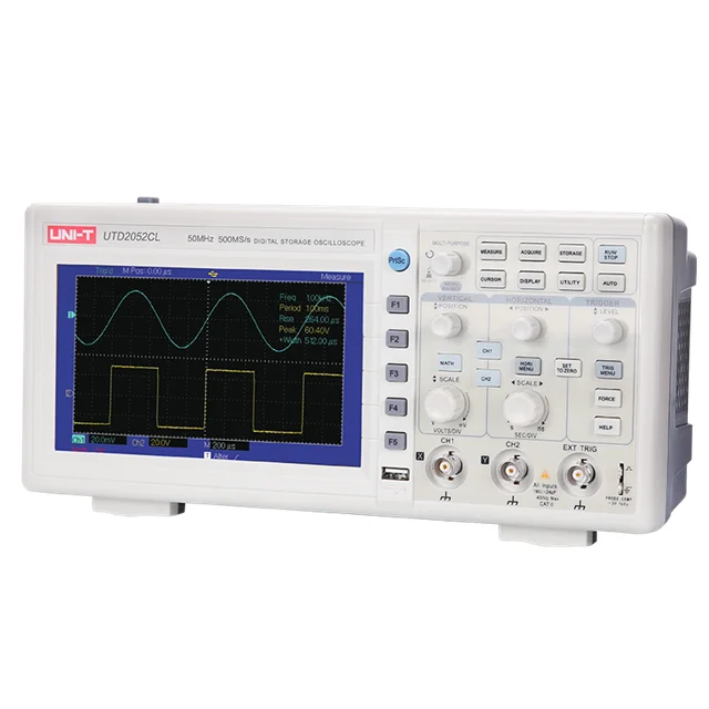 

UNI-T UTD2052CL Benchtop Digital Storage Oscilloscope, 50MHz Bandwidth, Dual Channel, 500MS/s Sample Rate, USB