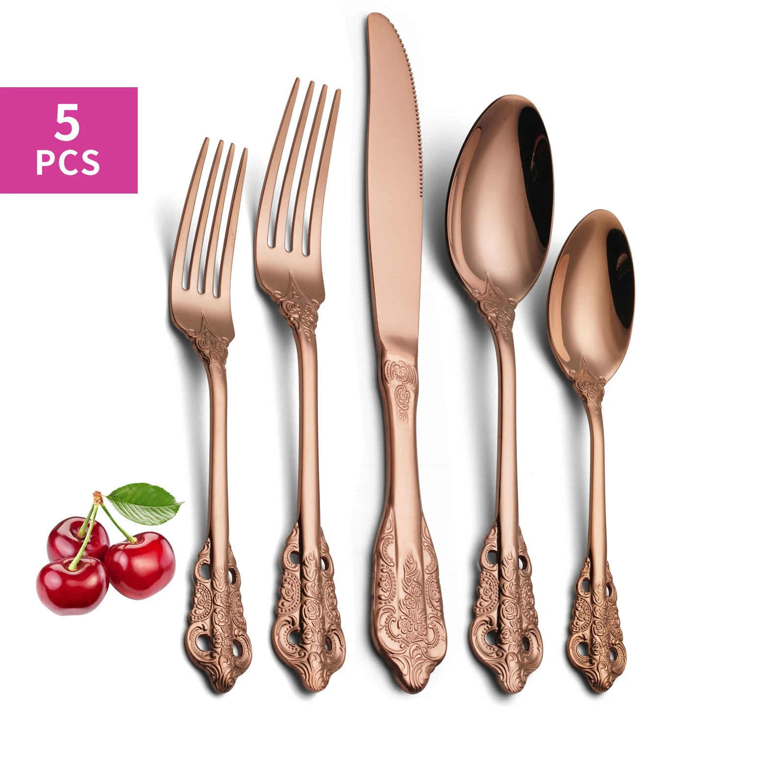 

5PSC Stainless Steel Western Cutlery Set Retro Palace Carved Steak Knife Fork Spoon Household High-End Tableware