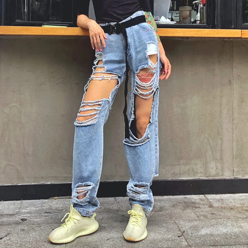 TWOTWINSTYLE Streetwear Ripped Hole Straight Denim Pants For Women High Waist Pants Female Fashion Clothes Summer New