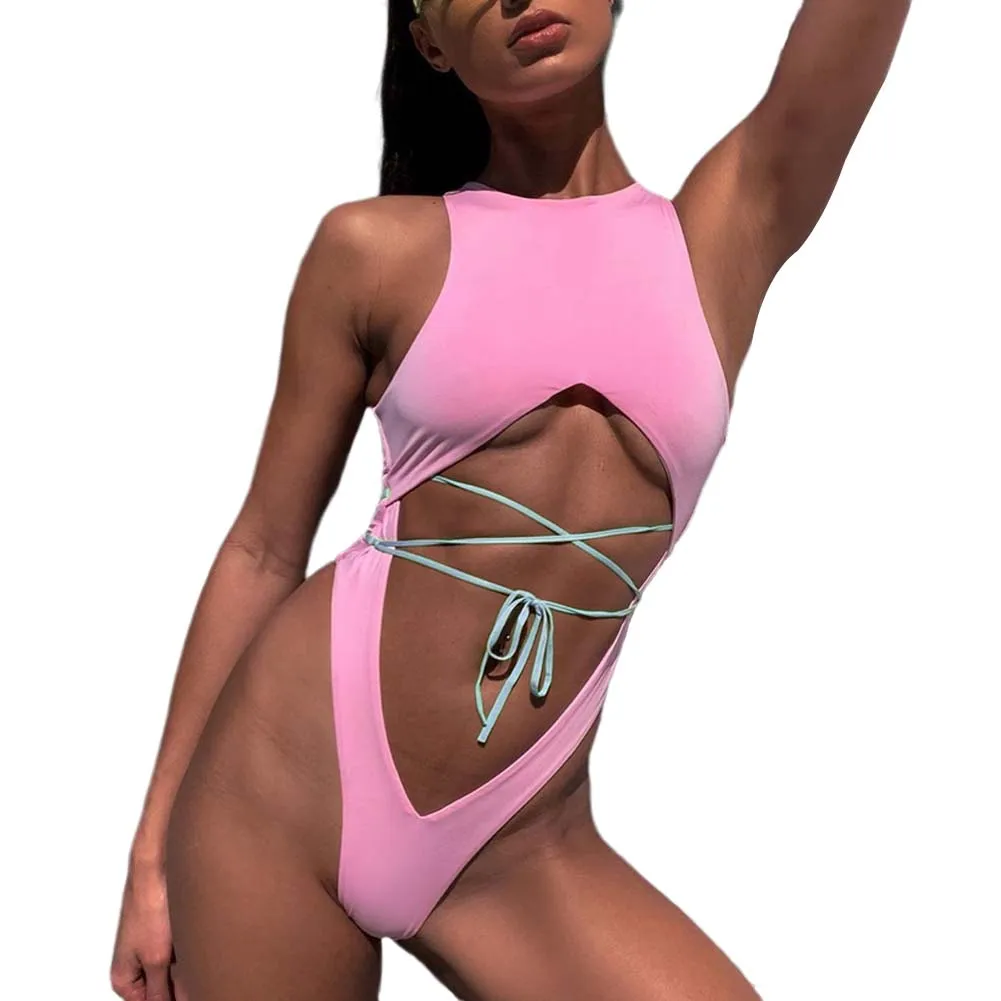

Women's One-Piece Bandage Monokini, Exposed Navel Lace Up Swimsuit Sexy Open Back Swimwear