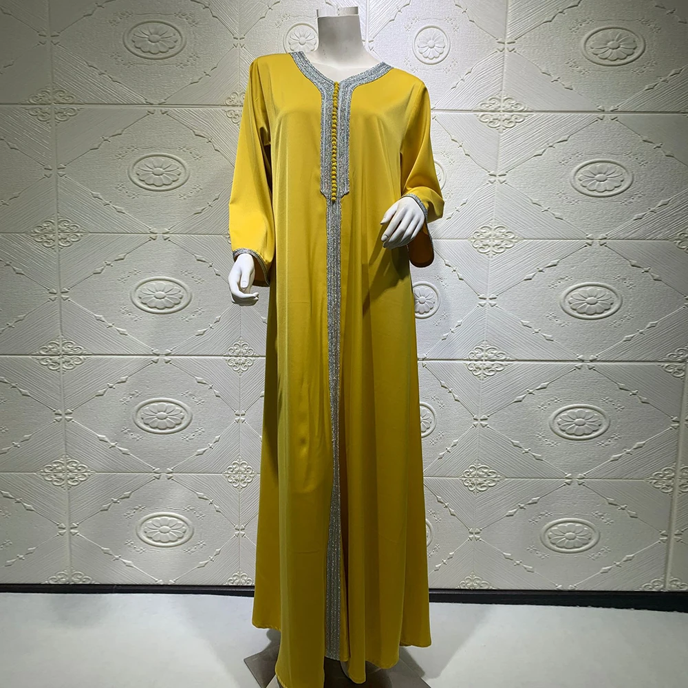 

2021Arabic Dresses for Women Fall 2020 Golden Ribbon Patchwork V Neck Long Sleeve Maxi Dress Muslim Turkish Clothing Satin