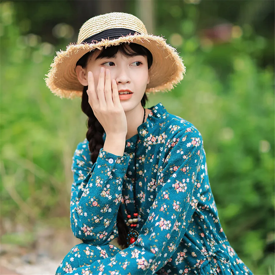 

Spring Printed Cotton and Linen Dress Women Elegant Floral Loose Collect Waist Long Dress Retro Holiday Party Dress Female