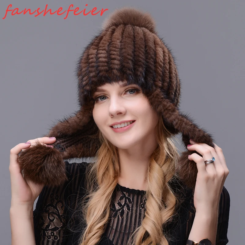 Настоящая Натуральная норковая шапка двойная вязанная длинная меховая с ушками