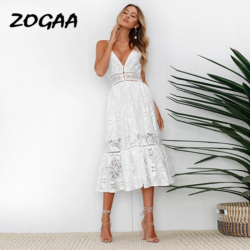 

ZOGAA V Neck Sexy Lace Summer Dress Women Strap Button Casual White Dress Female Streetwear Backless Midi Dress Vestidos 2018