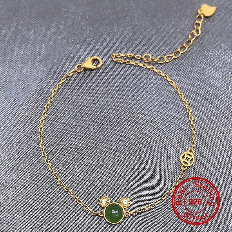 

14k Yellow Gold Green Jade Bracelet For Women Real S925 Sterling Silver Hand Chain Charm Bracelet Wedding Birthday Fine Jewelry