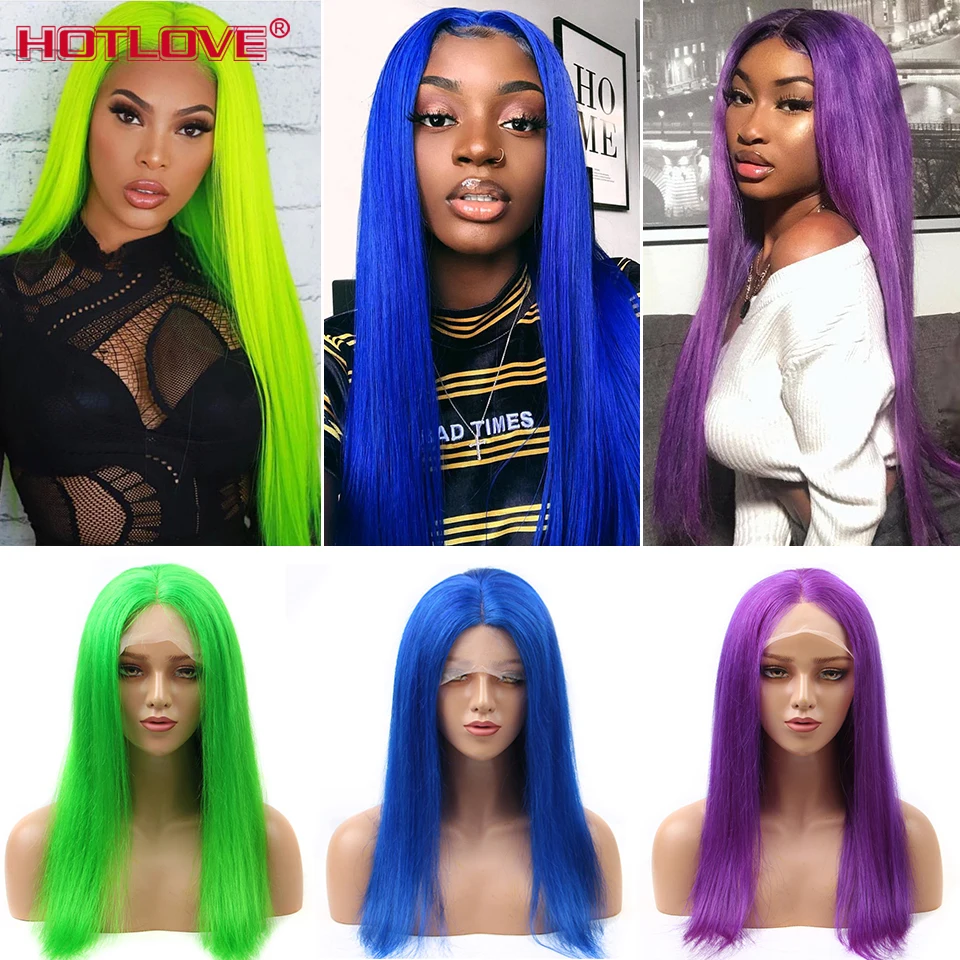 Colored Straight Lace Front Human Hair Wigs Pink Blue Purple Lace Frontal Wigs For Black Women 150% Remy Middle Part Wigs