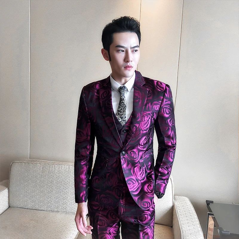 

Jacquard suit men High quality printed rose suit New arrive casual men's suit plus size fashion party suit trend male dress suit