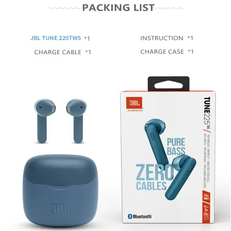 

Original JBL TUNE 225 TWS True Wireless Bluetooth Earphones T225TWS Stereo Earbuds Sound Headphones Headset Mic Charging