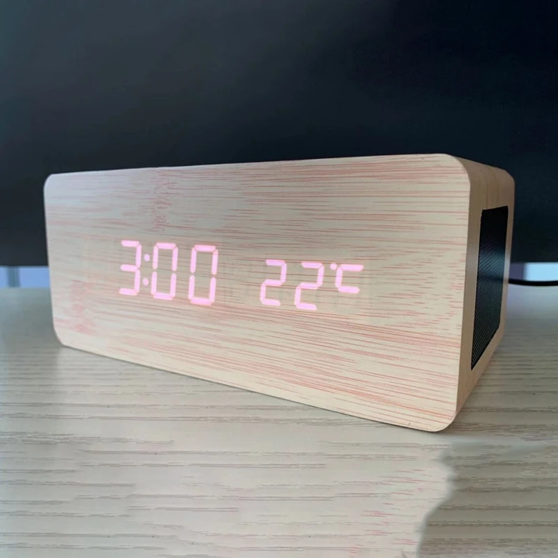 Bamboo Wooden Alarm Clock with Bluetooth Speaker Voice Control LED Digital Wireless Charging Phone Wood Temperature Table | Дом и сад
