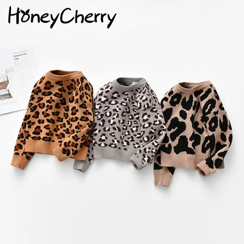 

HoneyCherry New Baby Sweater Pullover Long Sleeve Round Neck Leopard Print Sweater Children's Knit Cloth