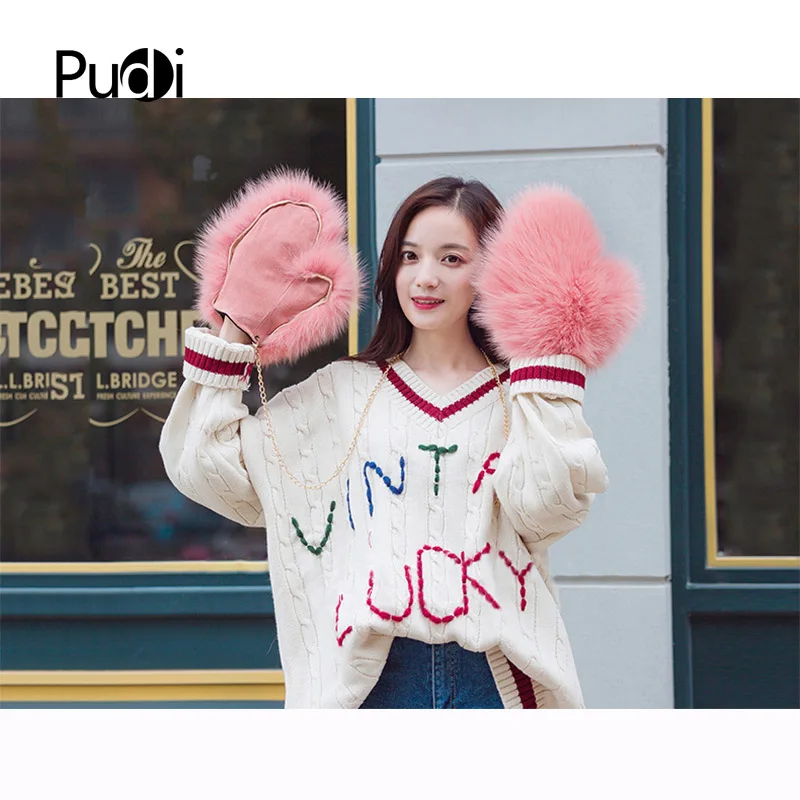 

Pudi Real Natural Fox Fur Glove Girl Winter Warm Women Genuine Fox Fur Gloves Pink Color GF707