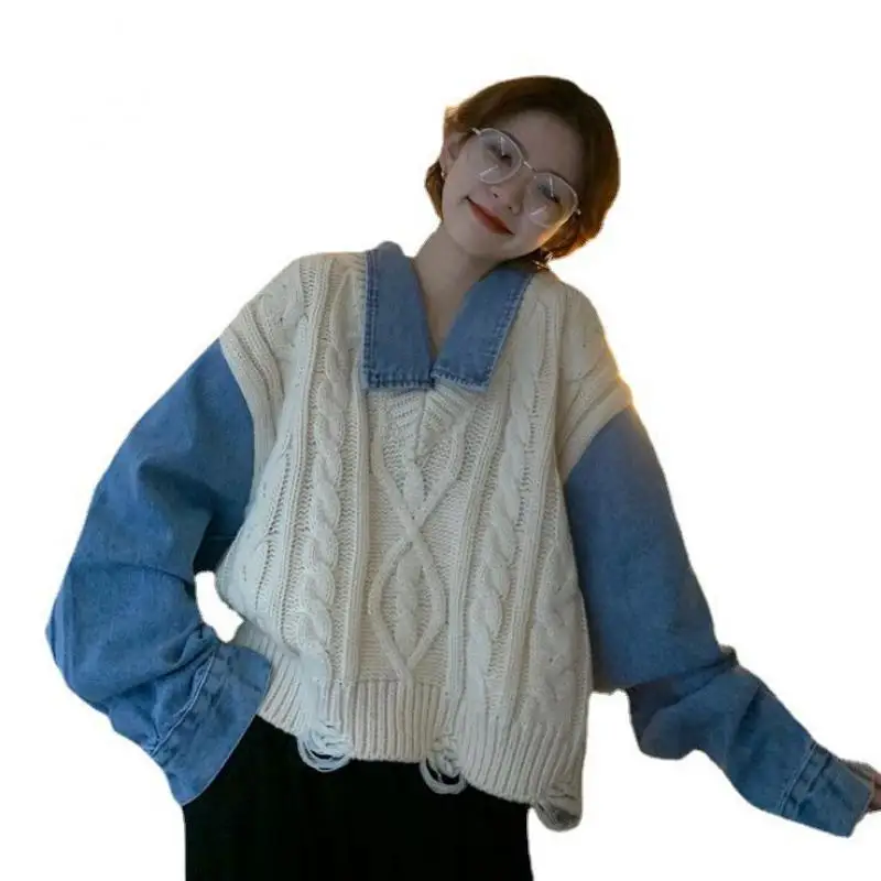 

Women Sweater Denim Patchwork Long Sleeve Pullover Spring Autumn Casual Jumper Loose Sweaters Oversized Tops
