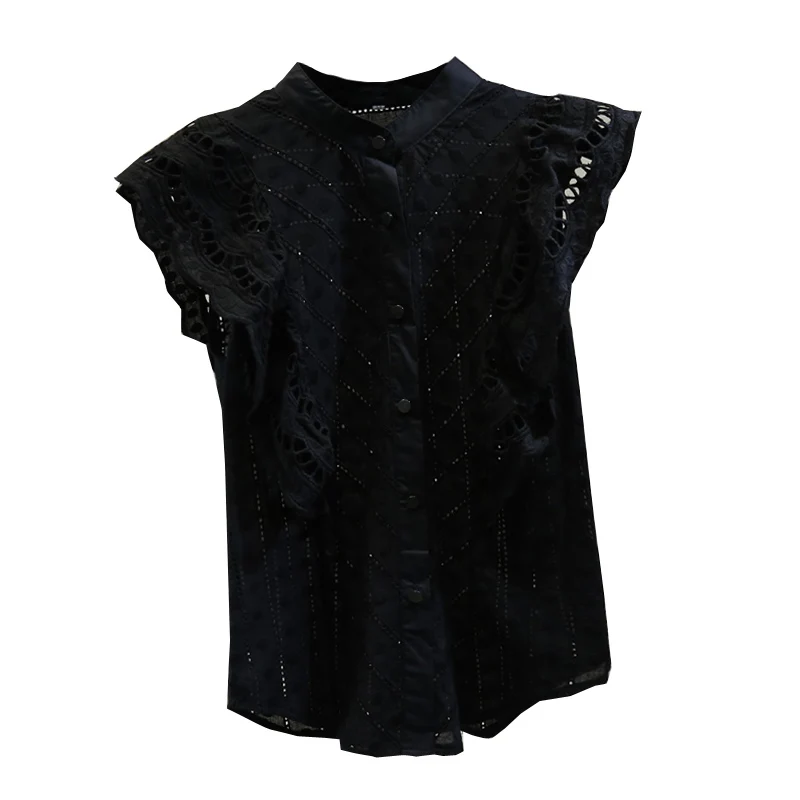 

2021 Summer New Fashion Lace Crochet Cut-out Ruffled Stitching Flying Sleeves Shirt All-Matching Sleeveless Shirt Fashion