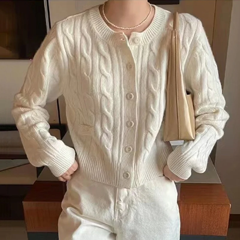 

Женский вязаный кардиган, однобортный Кардиган с круглым вырезом и длинным рукавом