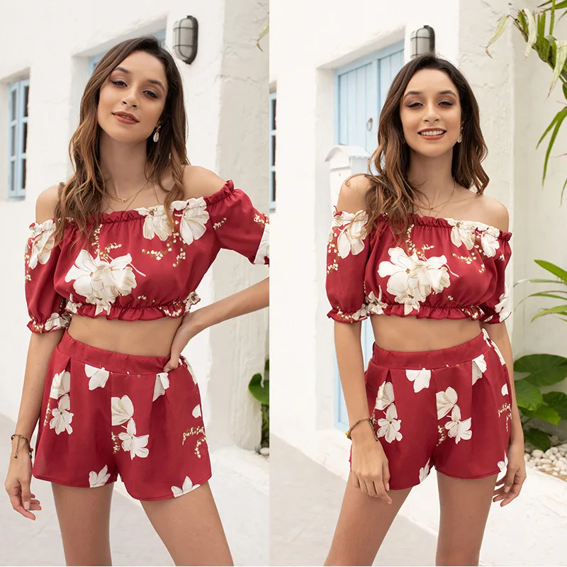 Two Piece For Women Clothing 2021 Summer Sexy Off Shoulder  2 Pcs Beach Vacation Outfit Short Sets plus split floral knot off the shoulder two piece outfit