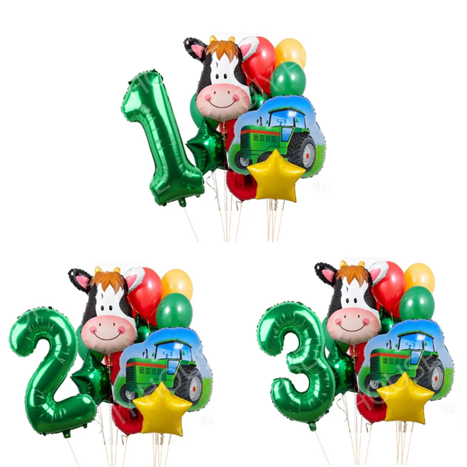 

16pcs/set Tractor Cow Balloons with Green Digital Balloon for Kids Farm Theme Birthday Party Decoration DIY Tractor Party Supply