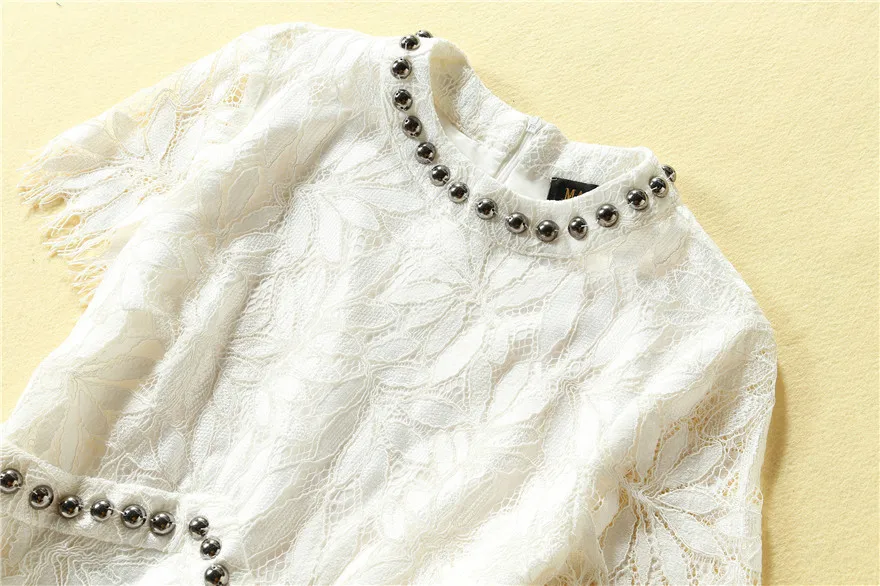 

European and American women's clothing 2020 summer new style Short sleeve nail bead Fashionable lace white dress
