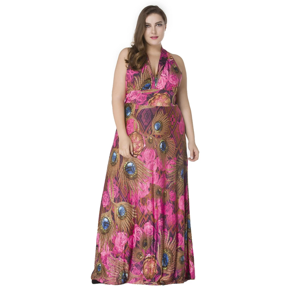 

Женское платье макси большого размера, Boehmian, цветочный принт, v-образный вырез, без рукавов, с лямкой на шее, длинное платье, Пляжное, празднич...