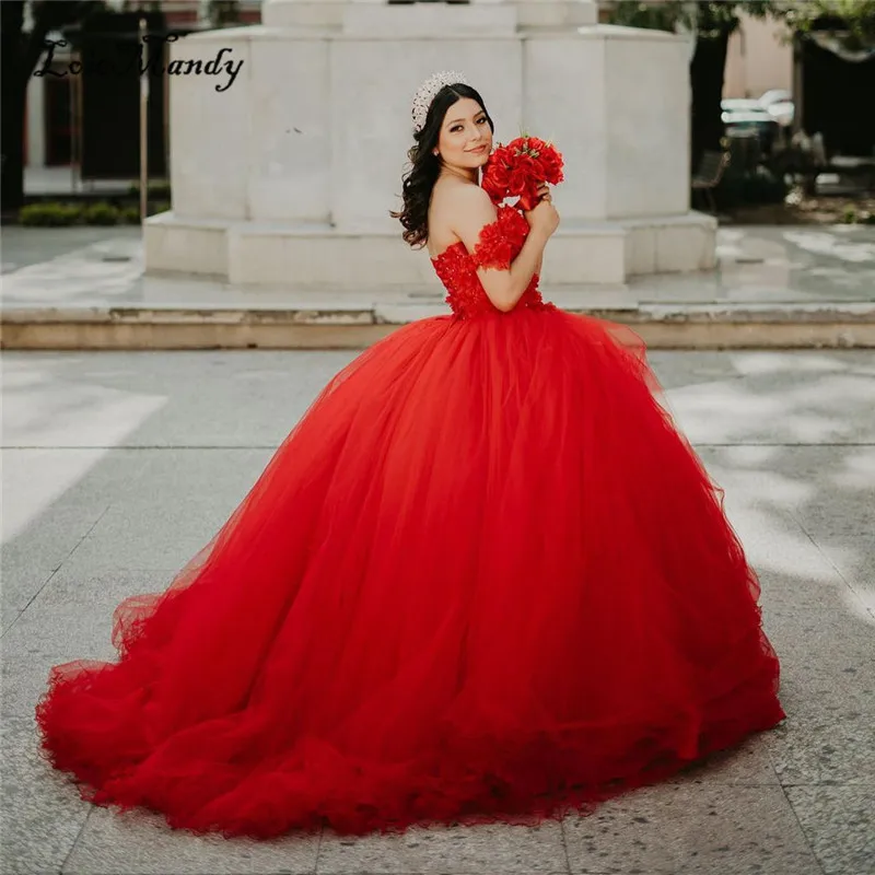 

Puffy Ball Gown Quinceanera Dresses 2022 New Applique Lace Red Sweet 16 Years Birthday Party Gowns Elegant Vestido De 15 Anos