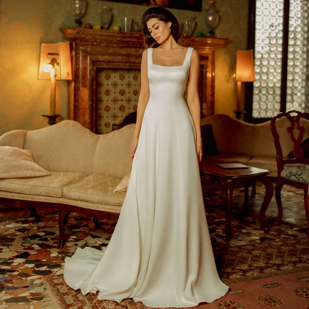 

High Quality Satin A Line Wedding Dresses for Ladies 2022 Cap Sleeve Bridal Gowns Sleeveless Dress Sexy Open Back Vestidos De