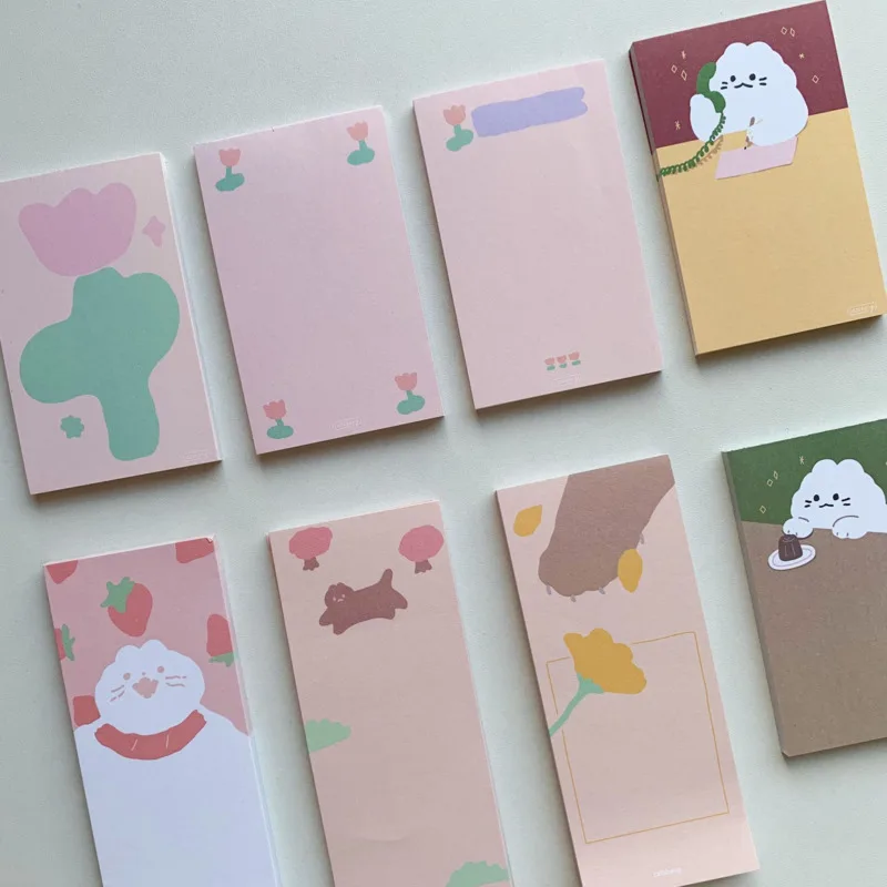 

Cartoon Cute Cat Pink Tulips Memo Pad Long Style Notebook Student Study Message Record Note Paper Kawaii Stationery 50 Sheets