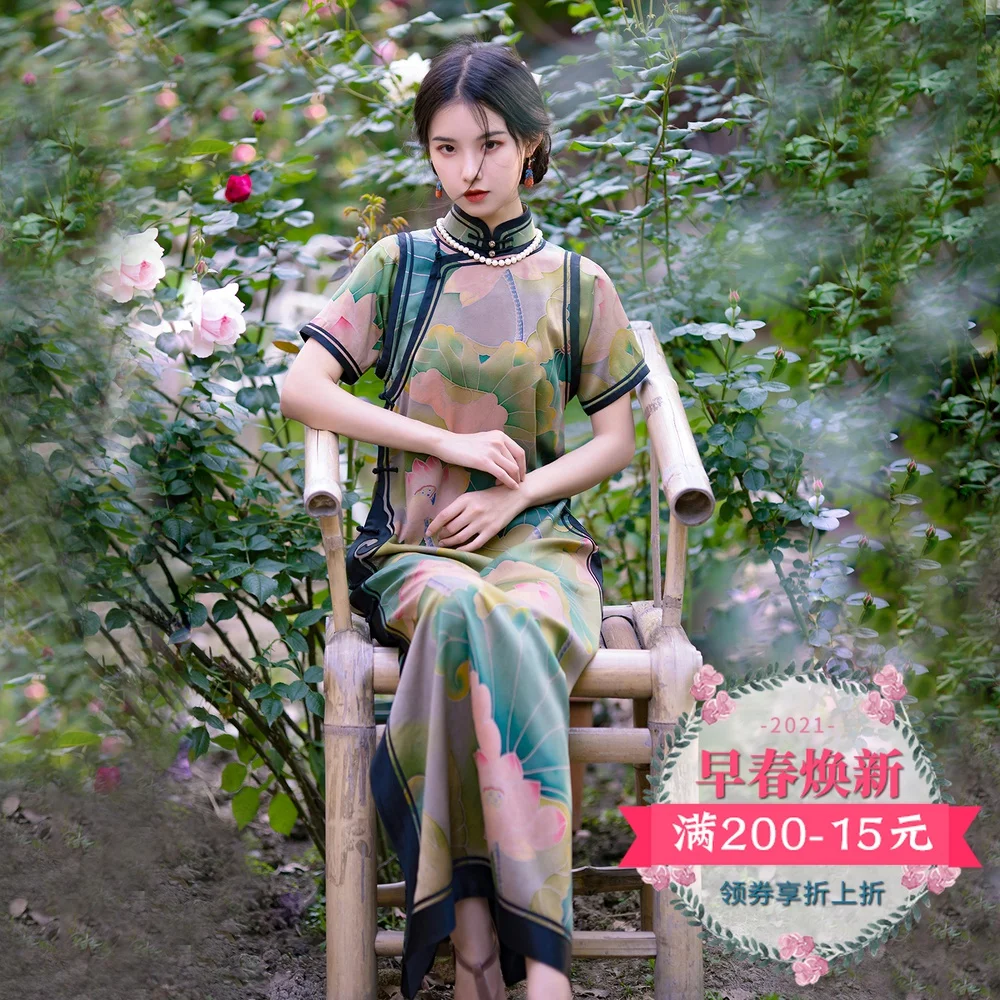 

ways with silk hand-painted heavy satin watered gauze collar button all cardigan slim skirt of the republic of China