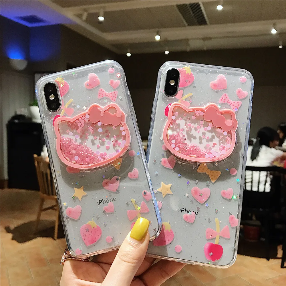 Милый розовый блестящий чехол Hello kitty из ТПУ с блестками для iPhone 11 6s 7 8 Plus X XR XS MAX love heart сыпучий песок украшение лазерный чехол